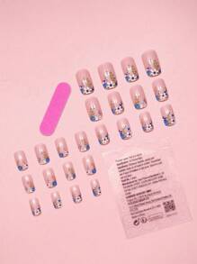 Sanrio 24入組長方形花葉圖案假指甲及1pc指甲文件及1片膠帶壓縮式指甲美容用品，即時提升你的外觀 - 彩色 - 查看 5