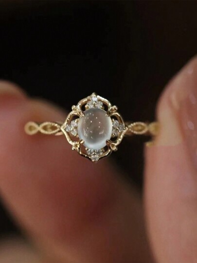 14K Gold Plated S925 Sterling Silver Hollow Flower With Cat Eye Stone & Moonstone Jewelry Ring For Women Valentines