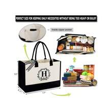 Flower Initial Print Canvas Tote Bag, Wedding Party Festival Gift Handbag, Birthday Gift For Women - Beige - View 3