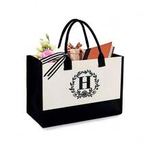 Flower Initial Print Canvas Tote Bag, Wedding Party Festival Gift Handbag, Birthday Gift For Women - Beige - View 1