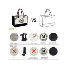 Flower Initial Print Canvas Tote Bag, Wedding Party Festival Gift Handbag, Birthday Gift For Women - Beige - View 4