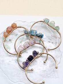 1入自然療癒石頭金色合金鍍銅電線包覆的自然石手鐲寶石手鐲脈輪能量女士手鐲珠寶飾品