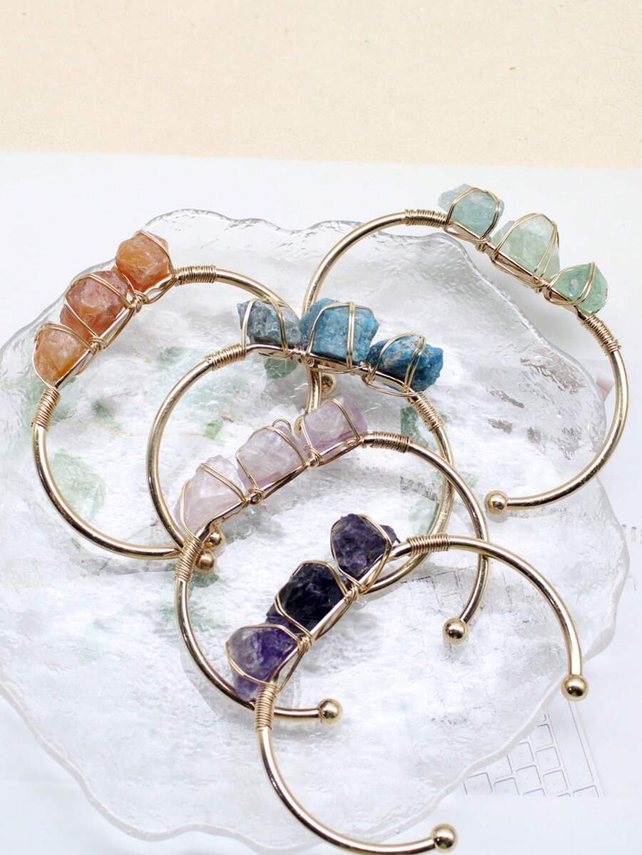 1入自然療癒石頭金色合金鍍銅電線包覆的自然石手鐲寶石手鐲脈輪能量女士手鐲珠寶飾品