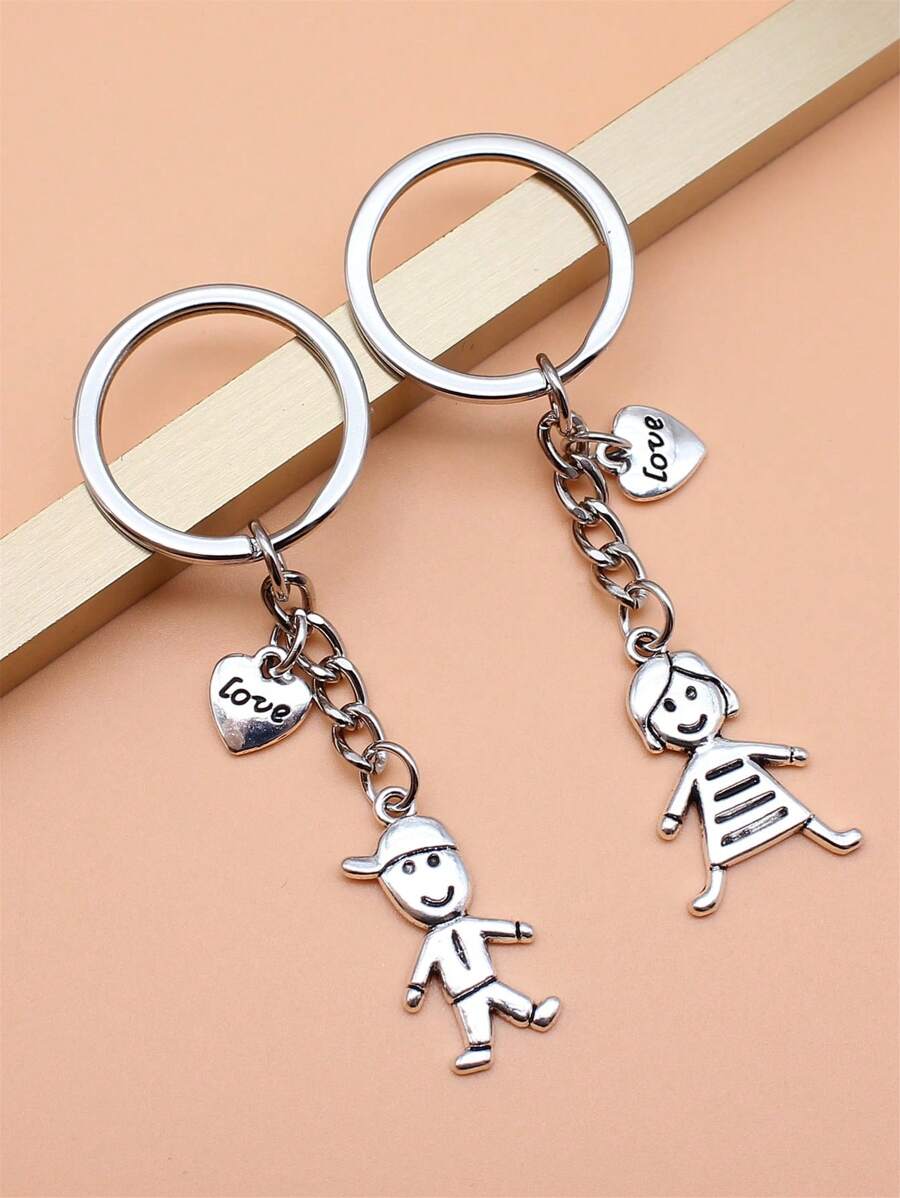 2pcs Boy And Girl Couple Keychains - Antique Silver - View 1