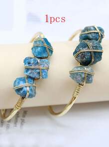 1入自然療癒石頭金色合金鍍銅電線包覆的自然石手鐲寶石手鐲脈輪能量女士手鐲珠寶飾品