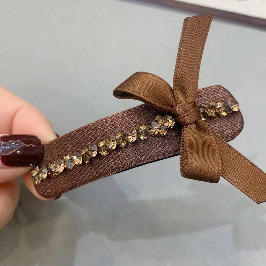 1pc Delicate Vintage Bowknot Design Hair Clip With Rhinestone, For Highlighting Hair Bangs - Brown - View 1