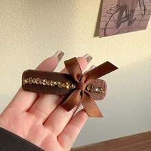 1pc Delicate Vintage Bowknot Design Hair Clip With Rhinestone, For Highlighting Hair Bangs - Brown - View 2