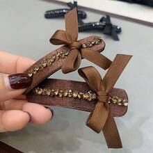 1pc Delicate Vintage Bowknot Design Hair Clip With Rhinestone, For Highlighting Hair Bangs - Brown - View 5