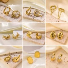 1pair Golden Color Stainless Steel Geometric Exaggerated Dangle Earrings, Fashion Design With High-End Metal Stud, Suitable For Daily Activity Matching - Yellow Gold - View 11