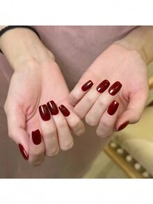 1套/24入歐美風磨損短方形酒紅色實色自黏式假指甲 - 酒紅色 - 查看 1