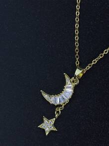 1件時尚的意大利經典設計鈦鋼項鍊,帶鑽石鑲嵌的月亮和星星掛墜以及流蘇,適合女性在聚會、婚禮、派對和日常穿著,也是情人節禮物 - 帶鑽星月流蘇-金色 - 查看 12