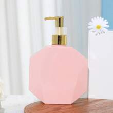 1pc 300ml Polygonal Pink Bottle With Gold Pump Dispenser, Refillable Bottle For Shower Gel Back To School