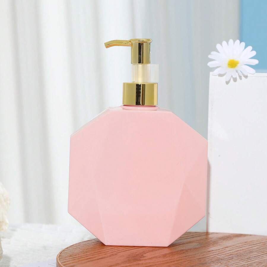 1pc 300ml Polygonal Pink Bottle With Gold Pump Dispenser, Refillable Bottle For Shower Gel Back To School