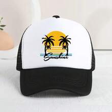 1 件裝兒童遮陽透氣網狀棒球帽椰子樹圖案戶外運動 - 黑與白 - 查看 4