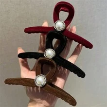 1 件优雅韩式发夹配大珍珠装饰，红色秋冬植绒发爪头饰 - 紅色 - 查看 3