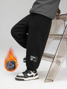 Young Boys Thickened Fleece Sweatpants With Letter Patch, Winter - Black - View 1