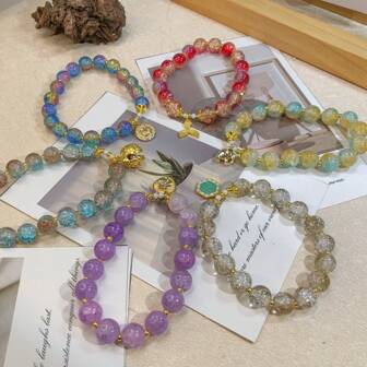 1入組風時尚鍍金珠子間隔鬥獸圖案鐘象頭吊飾漸變色爆光釉珠子手鍊,適合女性日常佩戴