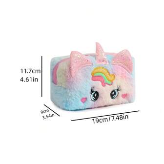 Cartoon Unicorn Plush Cosmetic Bag With Big Eyes, Girls' Cute Handbag For Toiletries, Stationery Pen Case, Kids Coin Purse, Random Color