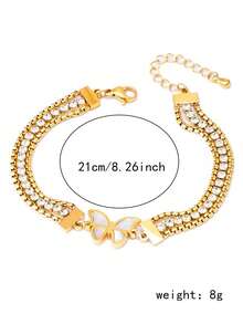 1 件全水鑽 3 層不鏽鋼蝴蝶手鍊女式,適合日常配戴 - 金黃色 - 查看 5