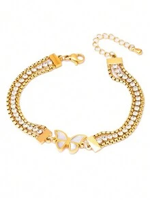 1 件全水鑽 3 層不鏽鋼蝴蝶手鍊女式,適合日常配戴 - 金黃色 - 查看 4