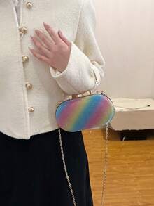 1pc Women's Rainbow Color Chain Shoulder Bag With Holographic Glitter Hard Shell, Metal Handle, For Lipstick Makeup, Evening Party, Wedding, Festival, Night Out, Bar - Multicolor - View 2
