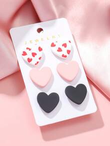 3pairs/Set + 1card Women Valentine's Day Small Heart Printing Romantic Pink Polymer Clay Texture Acrylic Earrings - Multicolor - View 7