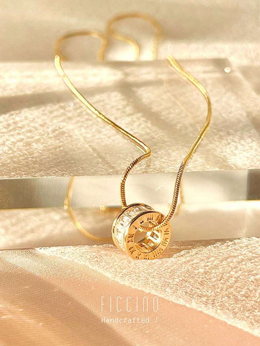 Ficcino Gold-Plated & Cubic Zirconia Decorated Lucky Ring Pendant Women's Necklace Snake Chain Casual Clavicle Chain Holiday Gift With Gift Box - 136n - View 1