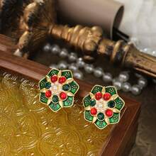 1 对复古个性化圆形耳环，带宫廷风格吊坠，奢华配饰 - 彩色 - 查看 2