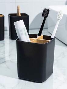 1pc Wooden Square Degradable Vertical 4-Compartment Toothbrush Holder, Modern Minimalist Style Detachable, Easy To Clean Storage Box For Bathroom, Bedroom, Living Room, Kitchen, Tea Room, Cafe, Dessert Shop, Back Kitchen - Black - View 5
