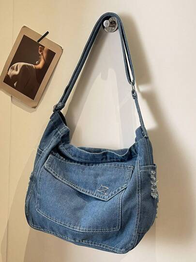 Solid Color Denim Portable Zipper Fashion Hobo Bag, Large Capacity Shoulder Bag, Crossbody Bag, Must-Have Shopping Bag For Women, Tote Bag, Suitable For Girls, Ladies, College Students Commuting, Outdoor Travel And Daily Use