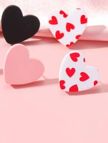 3pairs/Set + 1card Women Valentine's Day Small Heart Printing Romantic Pink Polymer Clay Texture Acrylic Earrings - Multicolor - View 5