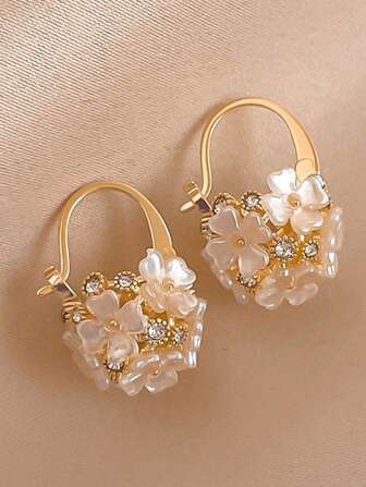 1 Pair Luxurious & Fashionable Mori Style Flower Shape Rhinestone Inlaid Sphere Earrings Valentines,Mom,Mother,Mother's Day,Gift