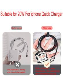 Cartoon Black And White Cow 1.5m Cable Winder Fixator Protector 5pcs Set Compatible With Apple 20w Fast Charging Data Cable - Black - View 2