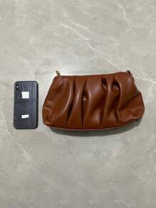 This Stylish Khaki Purple PU Handbag Features A Detachable Shoulder Strap And A Pleated Design, Making It Suitable For Office Workers, Teachers, And Students. - 棕色 - 查看 7