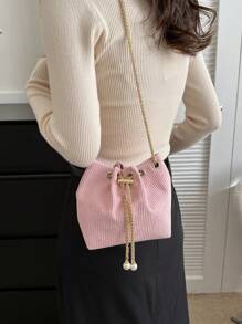 时尚迷你女士单肩包，采用圆形扣和链条肩带设计 - 粉色 - 查看 2