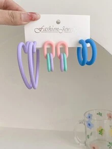 1 套/3 对个性化夸张大圈耳环，时尚 C 形耳夹耳环套装 - 彩色 - 查看 3