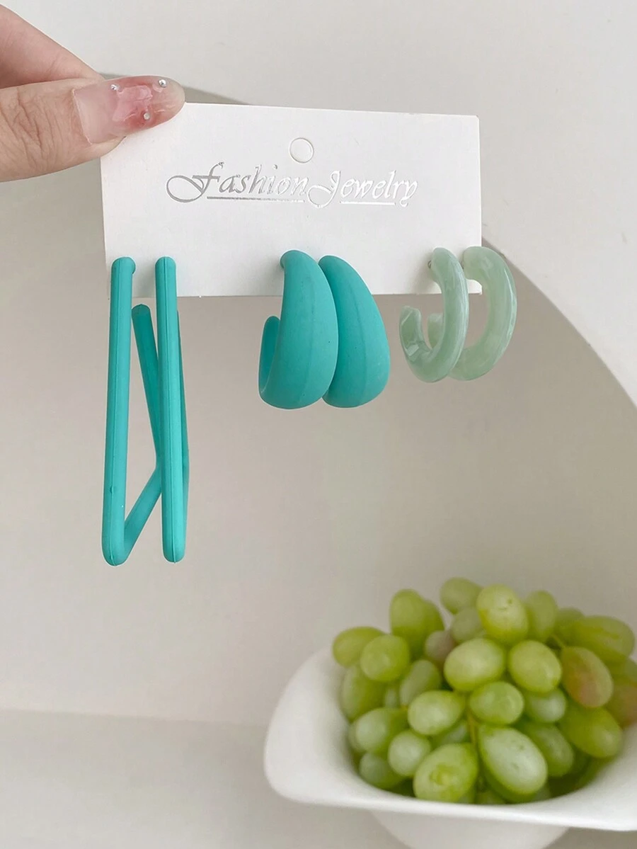 1 套/3 对个性化夸张大圈耳环，时尚 C 形耳夹耳环套装 - 彩色 - 查看 1
