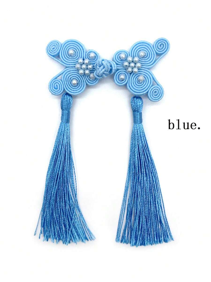 3pcs Butterfly & Tassel Decoration Polyester Button For Clothing, Cheongsam Clasp - Blue - View 1