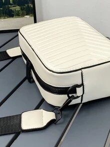 1入組男士垂直條紋硬殼pvc拉鍊式斜肩包,適合秋冬日常使用,側袋盒狀包防水防盜,適用作情人節男友禮物 - 白色 - 查看 7