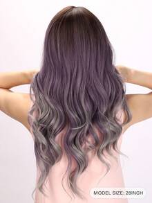 Dazzling Purple Dream: 28 Inch Relaxed And Fashionable Purple Gradient Wave Wig Charming Bangs, Relaxed And Fashionable, Perfect Synthetic Wig - Ombre - View 4