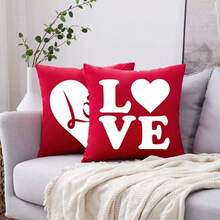 1 件红白“爱心”印花靠垫套，简约方形仿麂皮材质，带隐形拉链，不含枕芯，适合情人节、结婚纪念日、客厅和卧室沙发装饰，四季皆宜 - 紅白色 - 查看 3