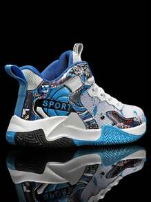 1 Paire De Baskets Imprimées Graffitis Pour Garçons, Adaptées À L'entraînement Intérieur Et Extérieur, Quatre Saisons, Antidérapantes Et Résistantes À L'usure, Avec Lacets, Chaussures De Basket-ball