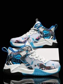 1 Paire De Baskets Imprimées Graffitis Pour Garçons, Adaptées À L'entraînement Intérieur Et Extérieur, Quatre Saisons, Antidérapantes Et Résistantes À L'usure, Avec Lacets, Chaussures De Basket-ball