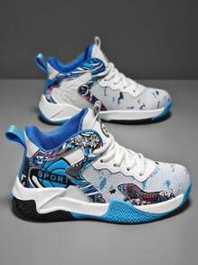 1 Paire De Baskets Imprimées Graffitis Pour Garçons, Adaptées À L'entraînement Intérieur Et Extérieur, Quatre Saisons, Antidérapantes Et Résistantes À L'usure, Avec Lacets, Chaussures De Basket-ball