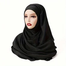 1入女士連帽頭巾,純色褶皺傑西內突厥頭巾,日常即時頭巾黑色 - 駝色 - 查看 3