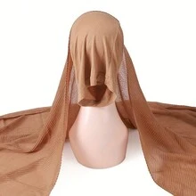 1入女士連帽頭巾,純色褶皺傑西內突厥頭巾,日常即時頭巾黑色 - 駝色 - 查看 6