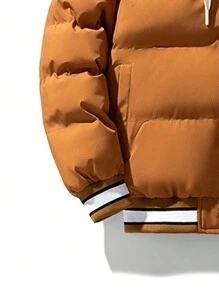 Men Embroidery Letter Pattern Striped Trim Drawstring Hooded Padded Coat - Coffee Brown - View 4