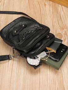 女性時尚多口袋和手機收納袋,休閒斜跨包 - 黑色 - 查看 3