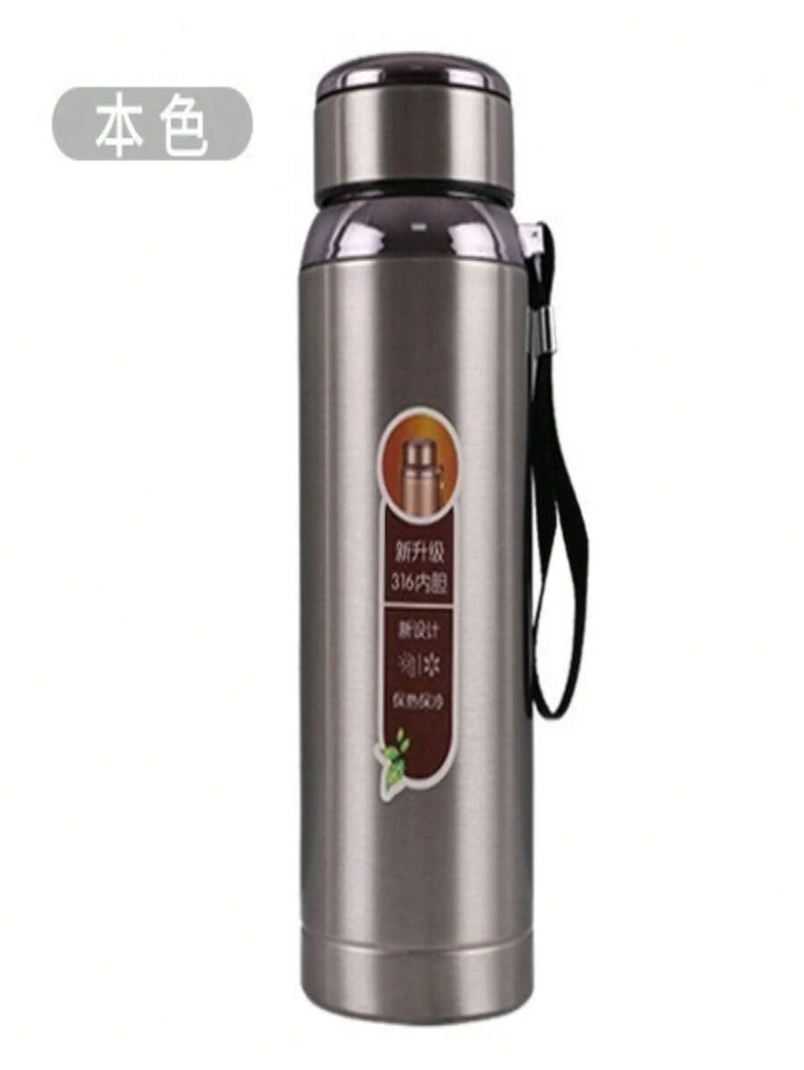 304 Stainless Steel , 1000ml  Water Bottle, Double Wall And Leak-Proof Lid, With Handle For Carrying - Silver - View 1