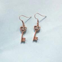 1pair Alloy Heart & Key Shape Dangle Earrings, Minimalist Style, Suitable For Women - Bronze - View 1